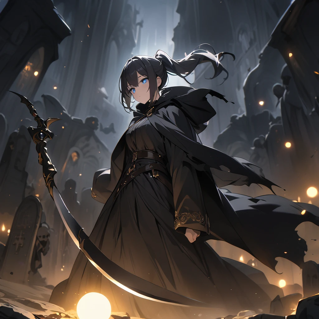 Top quality, masterpiece, high resolution, girl, gold ponytail hair, blue eyes, black cloak, Grim Reaper with scythe, dark atmosphere, orb light floating in the air, Western cemetery