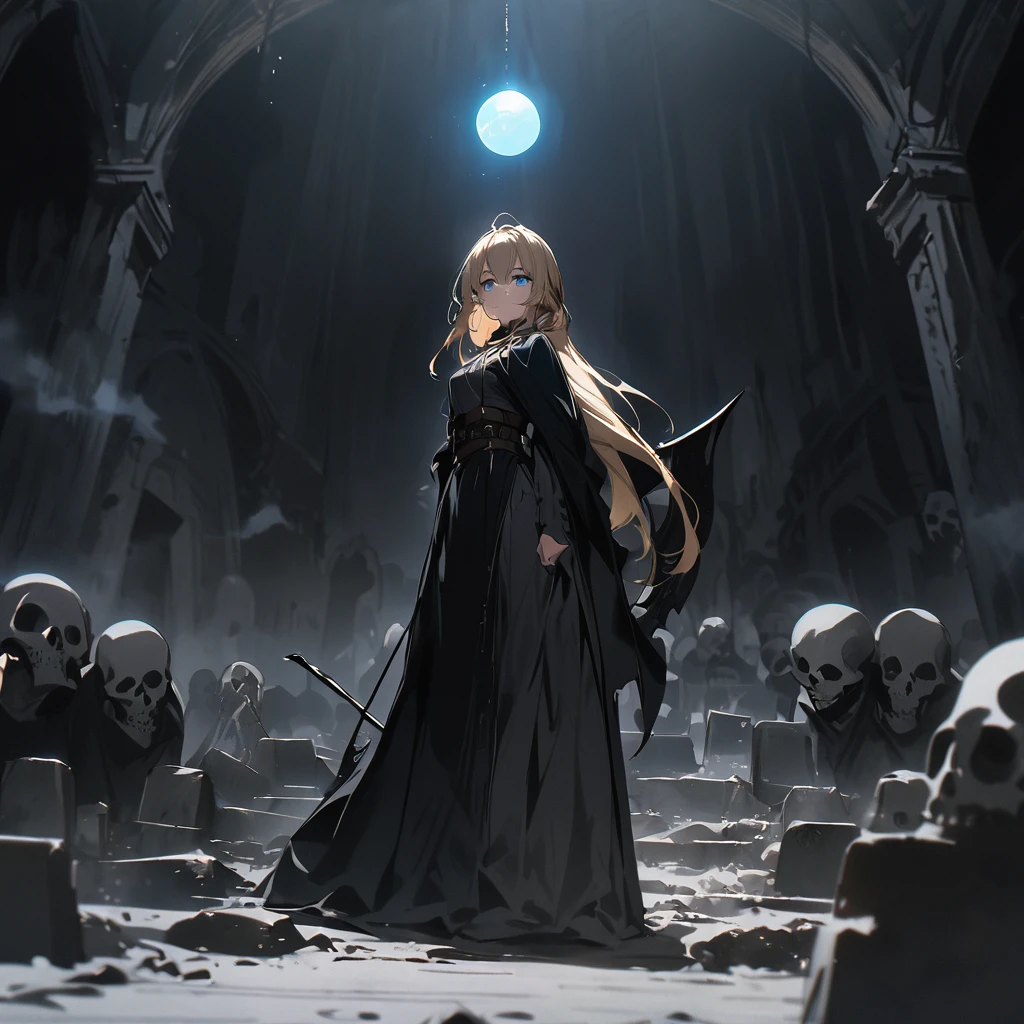 Top quality, masterpiece, high resolution, girl, gold ponytail hair, blue eyes, black cloak, Grim Reaper with scythe, dark atmosphere, orb light floating in the air, Western cemetery