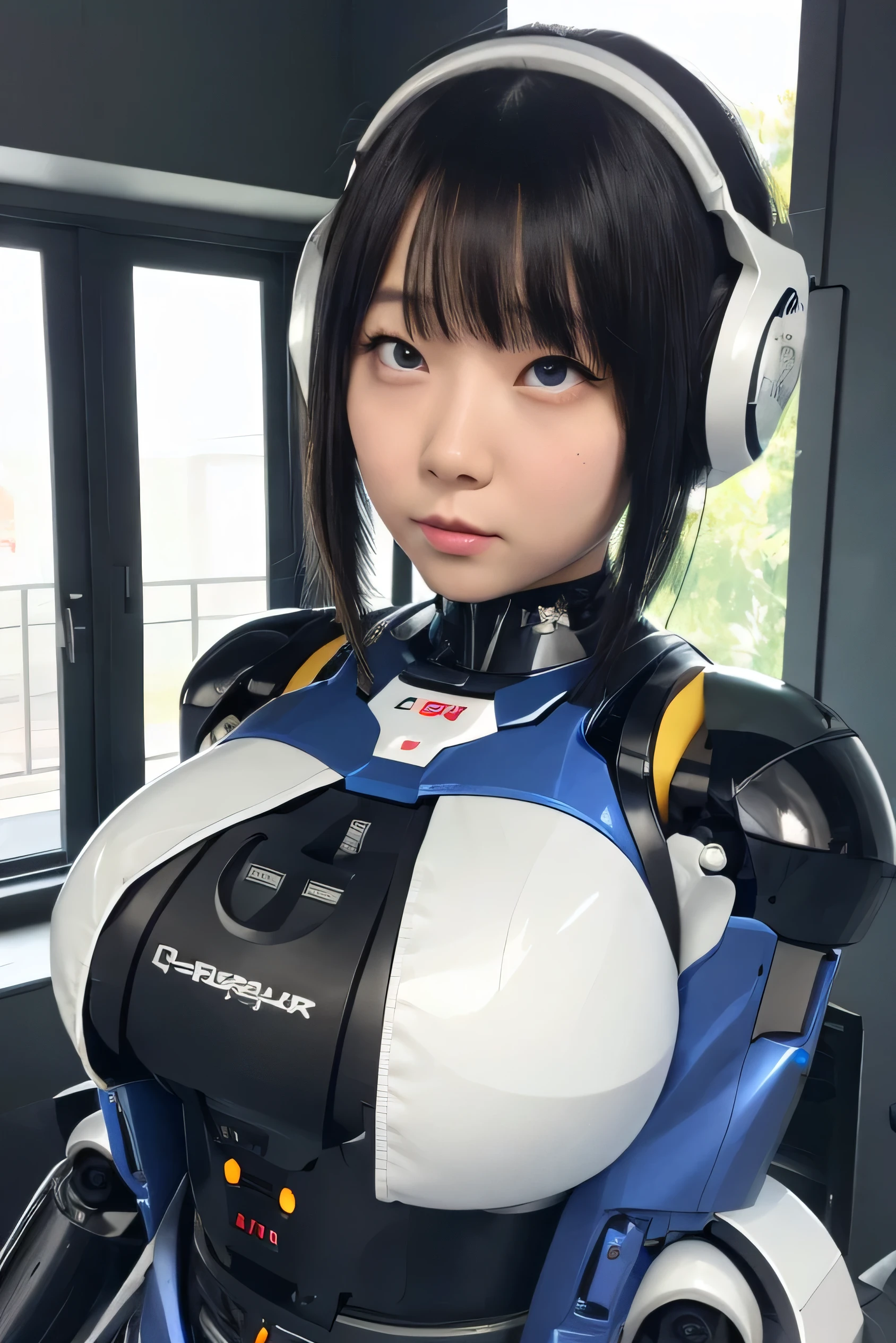 masterpiece, best quality, extremely detailed, Japaese android girl,portrait,Plump,a bit chubby,control panels,android,Droid,Mechanical Hand, Robot arms and legs, Black hair,Blunt bangs,perfect robot girl,long tube,thick cable connected her neck,android,robot,humanoid,cyborg,japanese cyborg girl ,robot-assembly plant,She is assembling now,assembly scene,rolling eyes,chest monitor