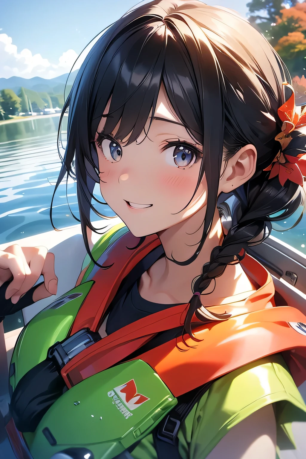 Highest quality、High resolution、Detailed Background、(Beautiful face in every detail:1.4)、Anatomically correct、(Normal number of fingers:1.2)、Highly detailed face、(Detailed eyes:1.2)、age beauty、Huge breasts、Perfect body line、Braided bob cut、ponytail、Wavy Hairstyle、well-groomed eyebrows、A fun atmosphere、In a joking manner、A big smile、cute gesture、
A clear autumn day、It's a refreshing day with a cool breeze blowing over the lake、
Two girls are getting into the kayak with bright expressions、
They wear alternate-colored life jackets and row out onto the lake、
The girls are absorbed in steering the kayak、
sometimes、They are moving forward briskly, splashing water、
When they reach the center of the lake, they chat happily while looking at the surrounding scenery、
Autumn colored trees々Both are interested in the sky reflected in the water々It looks like this、
Taking a break、They are spending a leisurely time、
They stop the kayak, dip their hands in the water, and cheer, conveying the feeling of refreshing themselves in nature.、
The girls' joyful expressions and the calm scene of the lake overlap、A comfortable autumn moment、cute