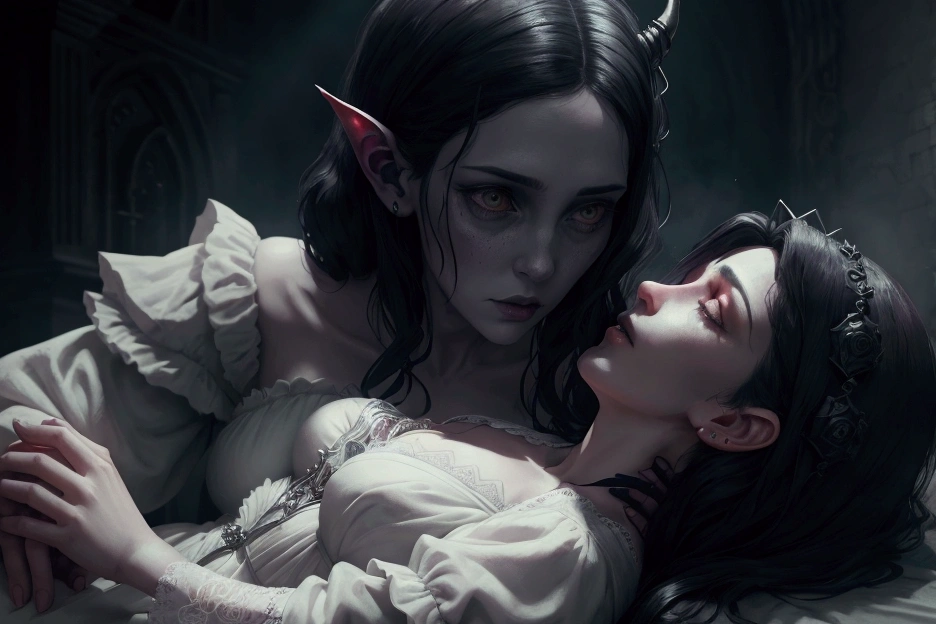 a sexy female vampire, beautiful detailed eyes, beautiful detailed lips, extremely detailed face, long eyelashes, red lips, pale skin, fangs, demon, gothic garden, dark moody lighting, dramatic lighting, dramatic shadows, chiaroscuro, cinematic composition, dark fantasy, gothic, horror, moody, atmospheric, photorealistic