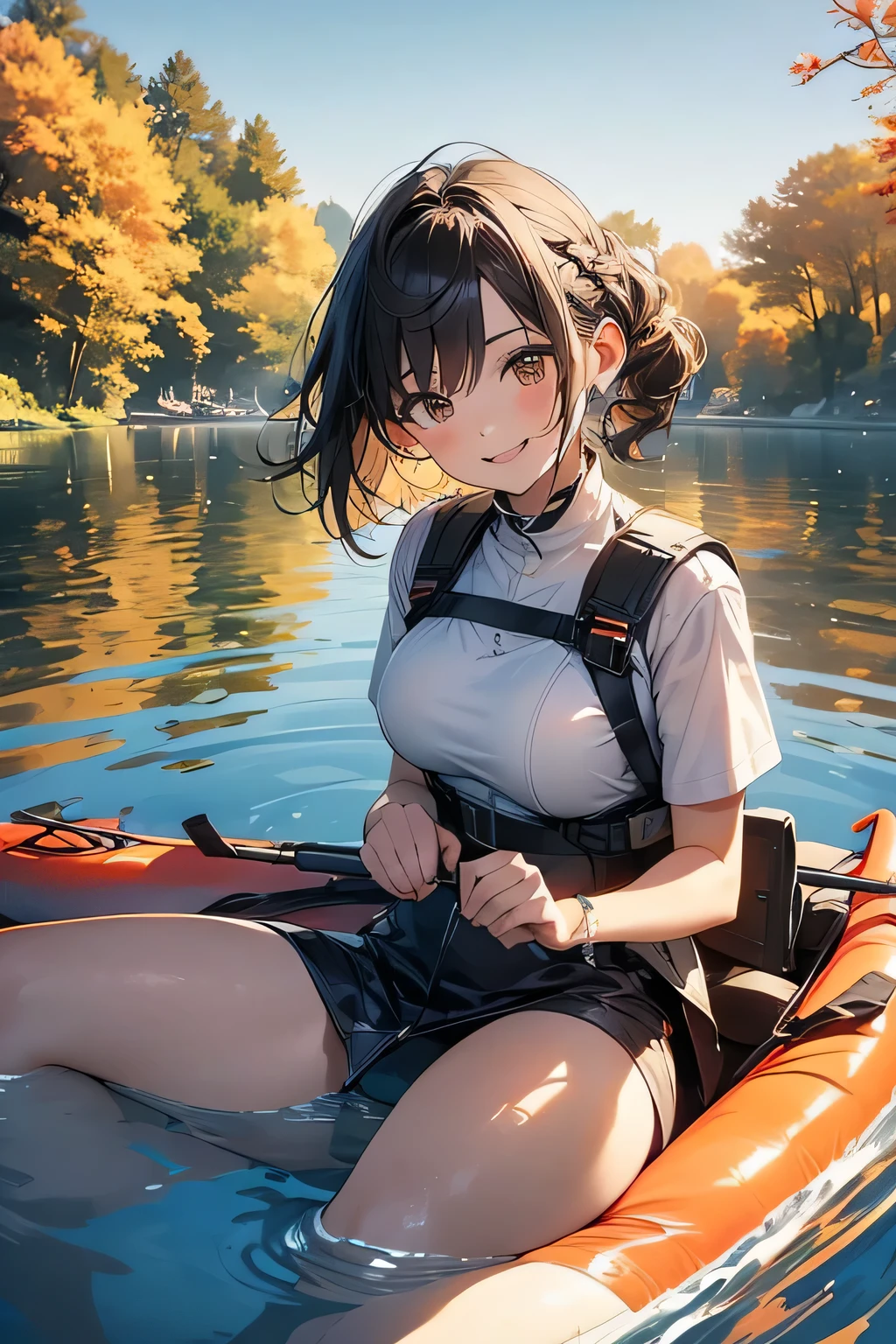 Highest quality、High resolution、Detailed Background、(Beautiful face in every detail:1.4)、Anatomically correct、(Normal number of fingers:1.2)、Highly detailed face、(Detailed eyes:1.2)、Teenage beauty、Huge breasts、Perfect body line、Braided bob cut、ponytail、Wavy Hairstyle、well-groomed eyebrows、A fun atmosphere、In a joking manner、A big smile、cute gesture、
A clear autumn day、It's a refreshing day with a cool breeze blowing over the lake、
Two girls are getting into the kayak with bright expressions、
They wear alternate-colored life jackets and row out onto the lake、
The girls are absorbed in steering the kayak、
sometimes、They are moving forward briskly, splashing water、
When they reach the center of the lake, they chat happily while looking at the surrounding scenery、
Autumn colored trees々Both are interested in the sky reflected in the water々It looks like this、
Taking a break、They are spending a leisurely time、
They stop the kayak, dip their hands in the water, and cheer, conveying the feeling of refreshing themselves in nature.、
The girls' joyful expressions and the calm scene of the lake overlap、A comfortable autumn moment、cute