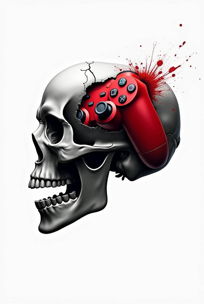 Drawing of a black and white skull with a white background featuring a red PlayStation controller breaking through the skull in the brain region.