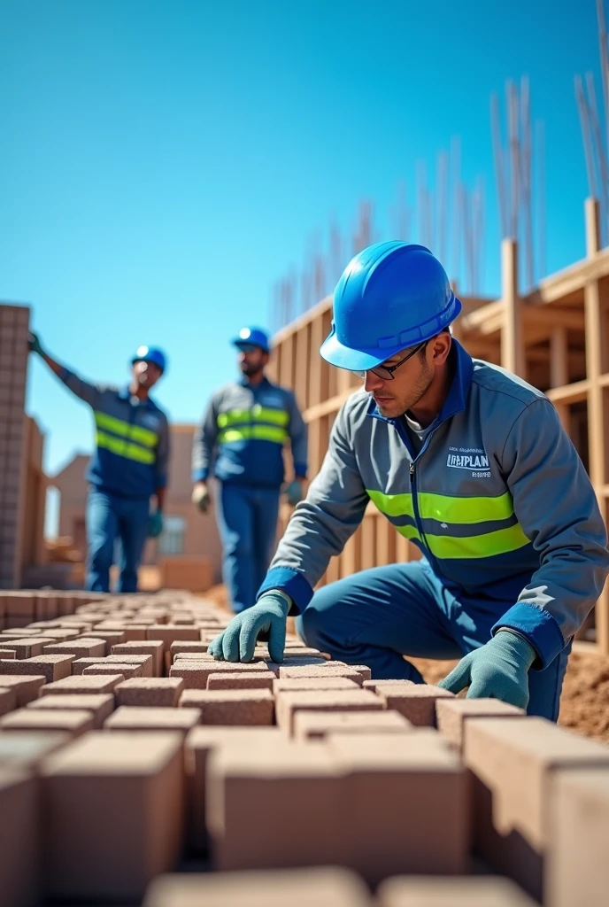 In a construction site in Brazil, During the summer, a house is under construction. Several bricklayers are working on the site, wearing gray uniforms with a green reflective stripe in the middle, and with "URBPLAN" written in blue on the chest. They use Personal Protective Equipment (EPI's) in blue color, including helmets and gloves, which reinforces safety in the work environment. The clear blue sky, typical of a sunny summer day, dominates the scene, and the sunlight illuminates the work, creating soft shadows. The blue color is predominant in the image, Standing out in the PPEs, in the details of the uniforms, and in heaven, conveying a sense of professionalism and safety amidst the progress of construction