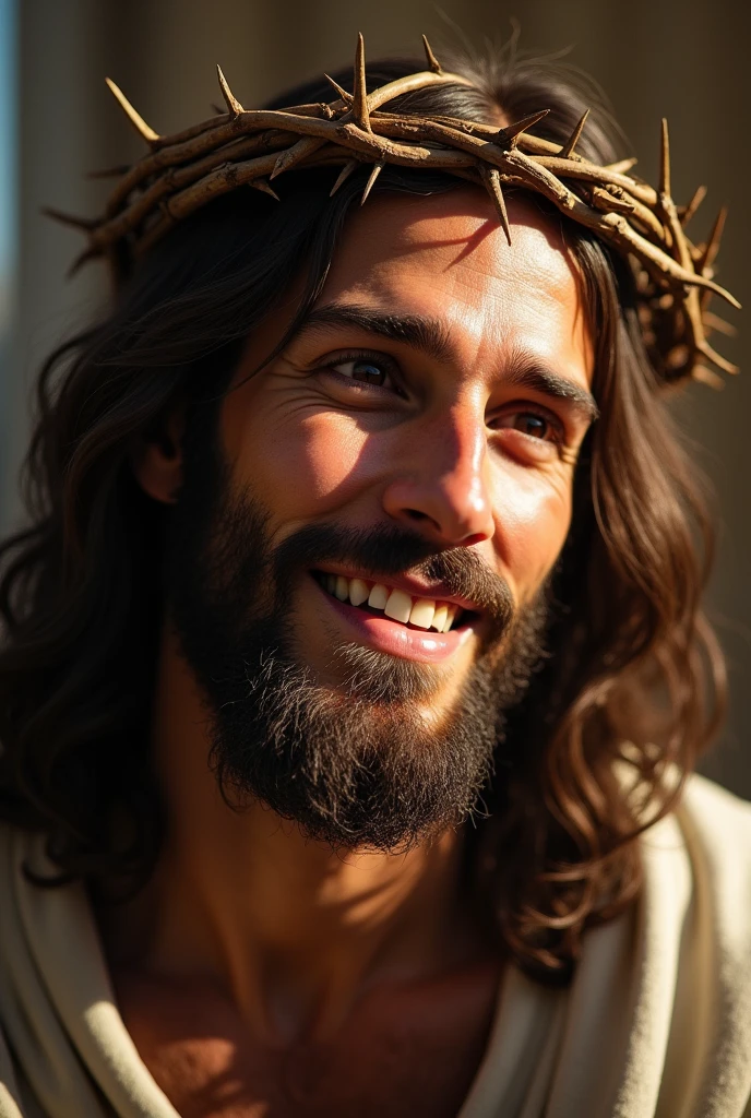 "A portrait of Jesus Christ focused only on his face, wearing the crown of thorns. He is smiling gently, with an expression of compassion and serenity. His eyes reflect peace and love, and his smile conveys a deep sense of hope and resilience, despite the crown of thorns. The soft light highlights his features and the spiritual significance of the scene."