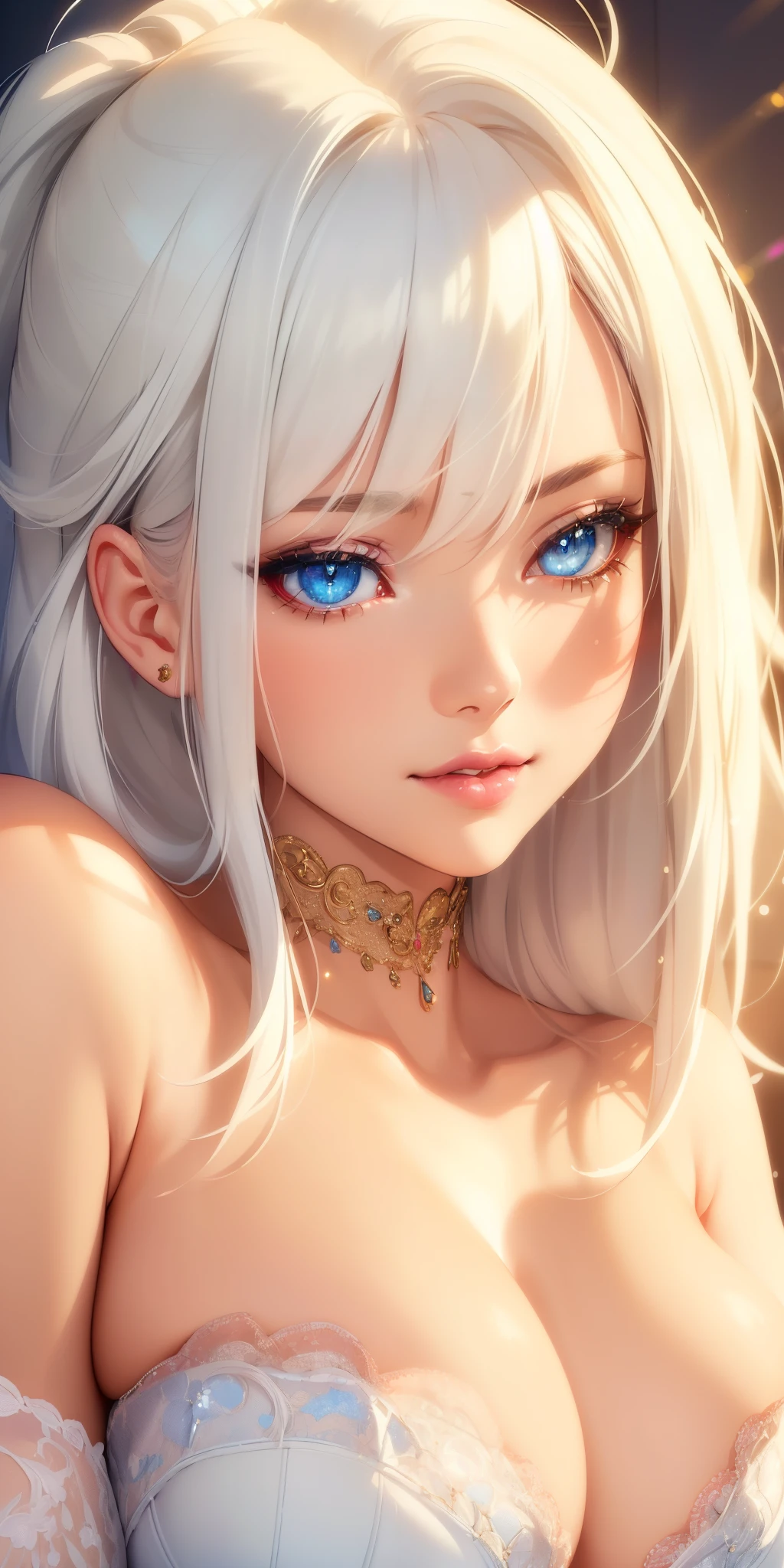 (best quality, ultra-detailed, photorealistic: 1.39), bright and vibrant colors, studio lighting, romantic expression, An effeminate girl, with a delicate and beautiful face. She is a girl who reflects seductive beauty, sparkling eyes, extremely beautiful woman, lips parted, white hair