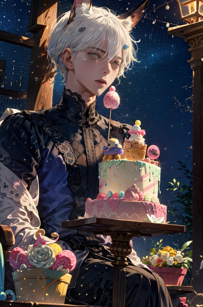 1boy in, ((comic strip))、(Multiple english texts)、short hair, handsome, Pastel muted colors, (The color palette is yellow:1.2, Blue:1.2, Pink:1.2), (White hair and purple color), Short Fashion male outfit, Sitting on a throne made of sweets and pastries, For example, donut, sprinkle, candy, lollipop, candy cane, a cake, cupcake, Cake Pop, Ruffles and lace, polka dot, Long bat ears, detail eyes