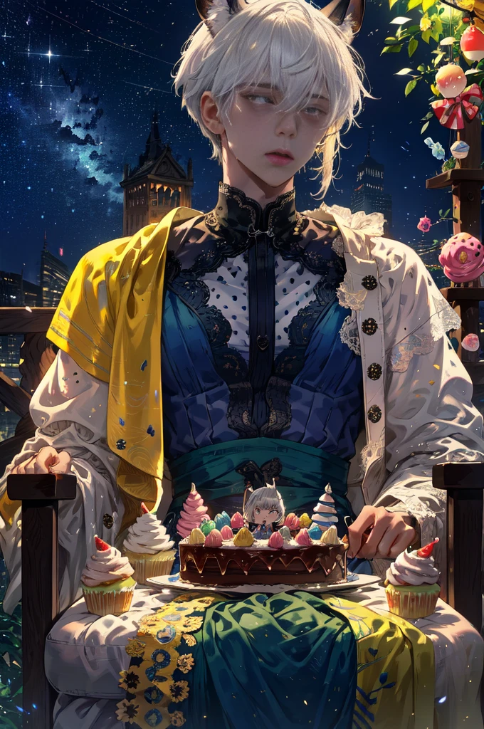 1boy in, ((comic strip))、(Multiple english texts)、short hair, handsome, Pastel muted colors, (The color palette is yellow:1.2, Blue:1.2, Pink:1.2), (White hair and purple color), Short Fashion male outfit, Sitting on a throne made of sweets and pastries, For example, donut, sprinkle, candy, lollipop, candy cane, a cake, cupcake, Cake Pop, Ruffles and lace, polka dot, Long bat ears, detail eyes