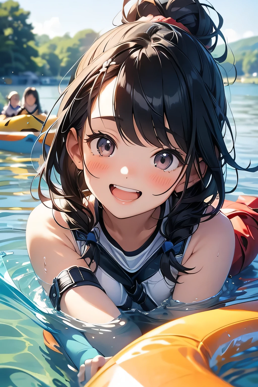 Highest quality、High resolution、Detailed Background、(Beautiful face in every detail:1.4)、Anatomically correct、(Normal number of fingers:1.2)、Highly detailed face、(Detailed eyes:1.2)、Teenage beauty、Huge breasts、Perfect body line、Braided bob cut、ponytail、Wavy Hairstyle、well-groomed eyebrows、A fun atmosphere、In a joking manner、A big smile、cute gesture、

A clear autumn day、It's a refreshing day with a cool breeze blowing over the lake、 
Two girls are getting into the kayak with bright expressions、 
They wear alternate-colored life jackets and row out onto the lake、 
The girls are absorbed in steering the kayak、
sometimes、They are moving forward briskly, splashing water、
When they reach the center of the lake, they chat happily while looking at the surrounding scenery、
Autumn colored trees々Both are interested in the sky reflected in the water々It looks like this、
Taking a break、They are spending a leisurely time、
They stop the kayak, dip their hands in the water, and cheer, conveying the feeling of refreshing themselves in nature.、
The girls' joyful expressions and the calm scene of the lake overlap、A comfortable autumn moment、cute