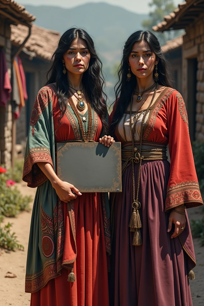 two gypsy women dressed in typical clothing, one of the women holds a gray sign saying: for sale