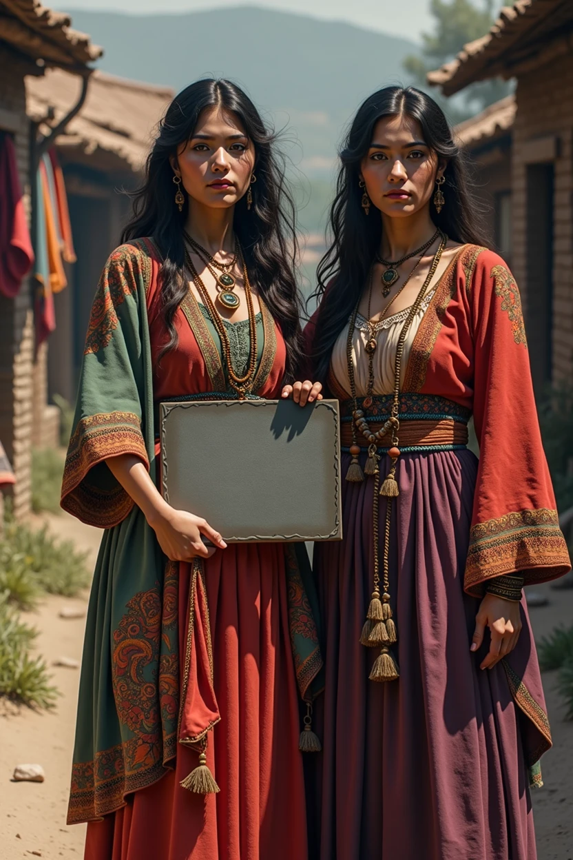 two gypsy women dressed in typical clothing, one of the women holds a gray sign saying: for sale