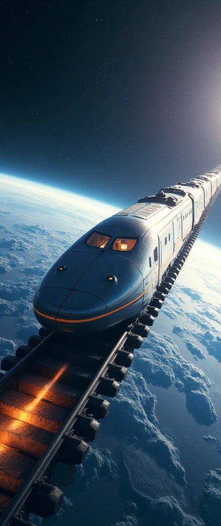 Create a cinematic 4K image, DSLR Canon style, of a spaceship in the shape of a train heading out of Earth. The image should clearly emphasize the train-like design of the spacecraft, with futuristic train cars and locomotive. Show the train leaving the planet, with Earth visible below and outer space above. Highlight the train shape and the contrast between the planet and space to create a vibrant and dynamic scene."