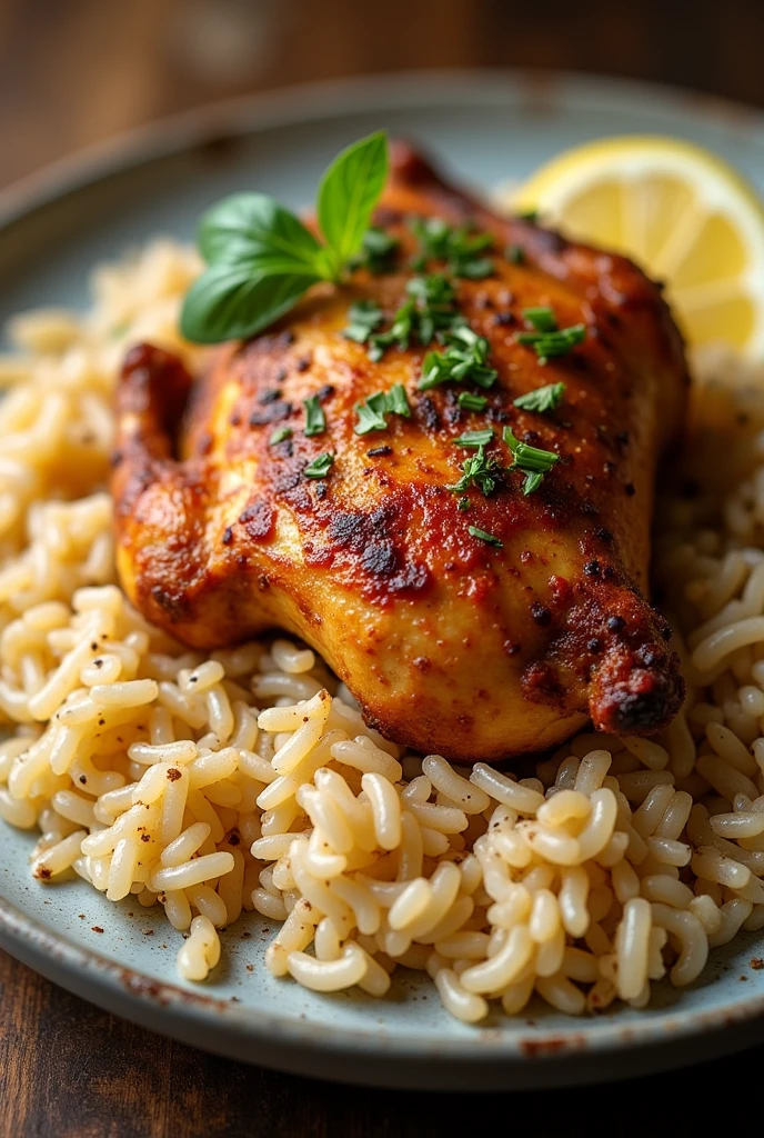 A dish with roasted chicken, rice, farofa