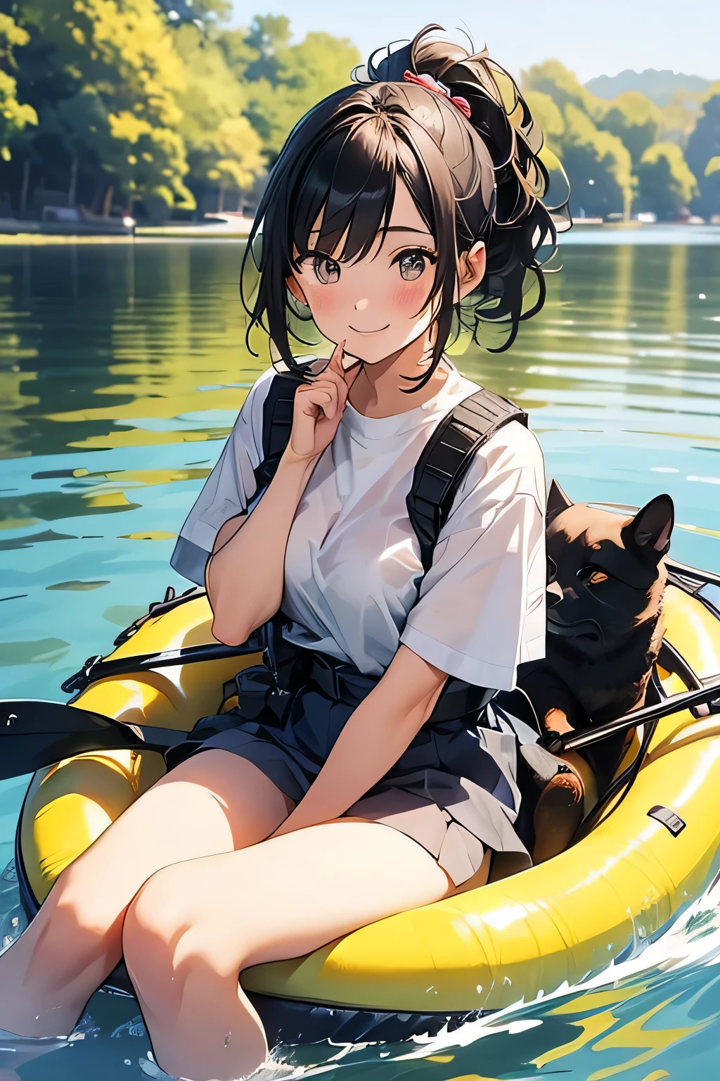 Highest quality、High resolution、Detailed Background、(Beautiful face in every detail:1.4)、Anatomically correct、(Normal number of fingers:1.2)、Highly detailed face、(Detailed eyes:1.2)、Teenage beauty、Huge breasts、Perfect body line、Braided bob cut、ponytail、Wavy Hairstyle、well-groomed eyebrows、A fun atmosphere、In a joking manner、A big smile、cute gesture、Accentuate your breasts、

A clear autumn day、It's a refreshing day with a cool breeze blowing over the lake、 
Two girls are getting into the kayak with bright expressions、 
They wear alternate-colored life jackets and row out onto the lake、 
The girls are absorbed in steering the kayak、
sometimes、They are moving forward briskly, splashing water、
When they reach the center of the lake, they chat happily while looking at the surrounding scenery、
Autumn colored trees々Both are interested in the sky reflected in the water々It looks like this、
Taking a break、They are spending a leisurely time、
They stop the kayak, dip their hands in the water, and cheer, conveying the feeling of refreshing themselves in nature.、
The girls' joyful expressions and the calm scene of the lake overlap、A comfortable autumn moment、cute