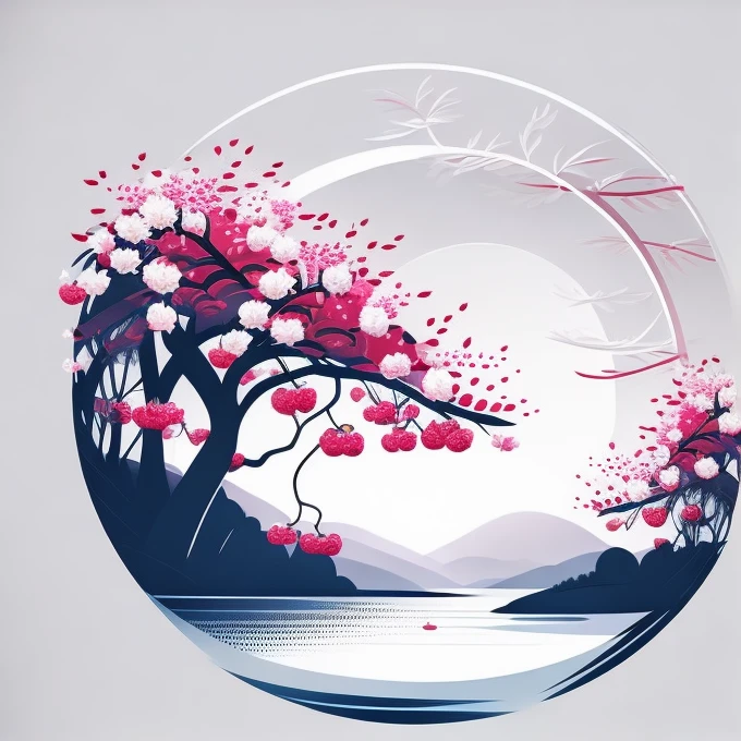 Cherry trees in spring landscape, tshirt design, rzminjourney, Vector art, Circular silhouette, White Background