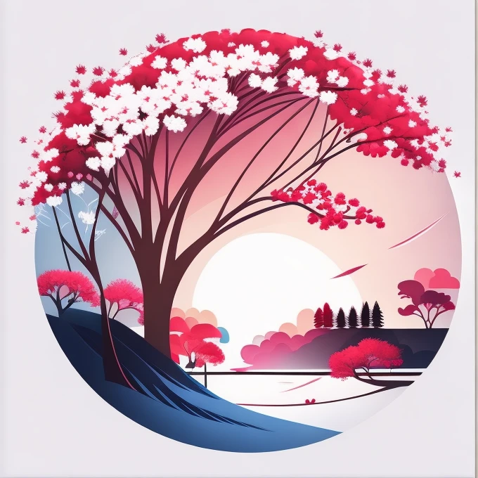 Cherry trees in spring landscape, tshirt design, rzminjourney, Vector art, Circular silhouette, White Background