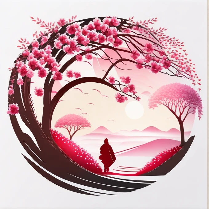 Cherry trees in spring landscape, tshirt design, rzminjourney, Vector art, Circular silhouette, White Background