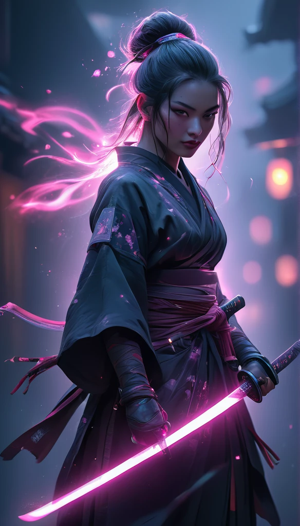 Samurai, 25yo woman, hyperrealism, very detailed skin, 4k,,, AshleyWoodArtAI,, katana profile picture, Organic Painting, night time, Matte Painting, bold shapes, hard edges, street art, trending on artstation, by Huang Guangjian and Gil Elvgren and Sachin Teng, Glow, katana