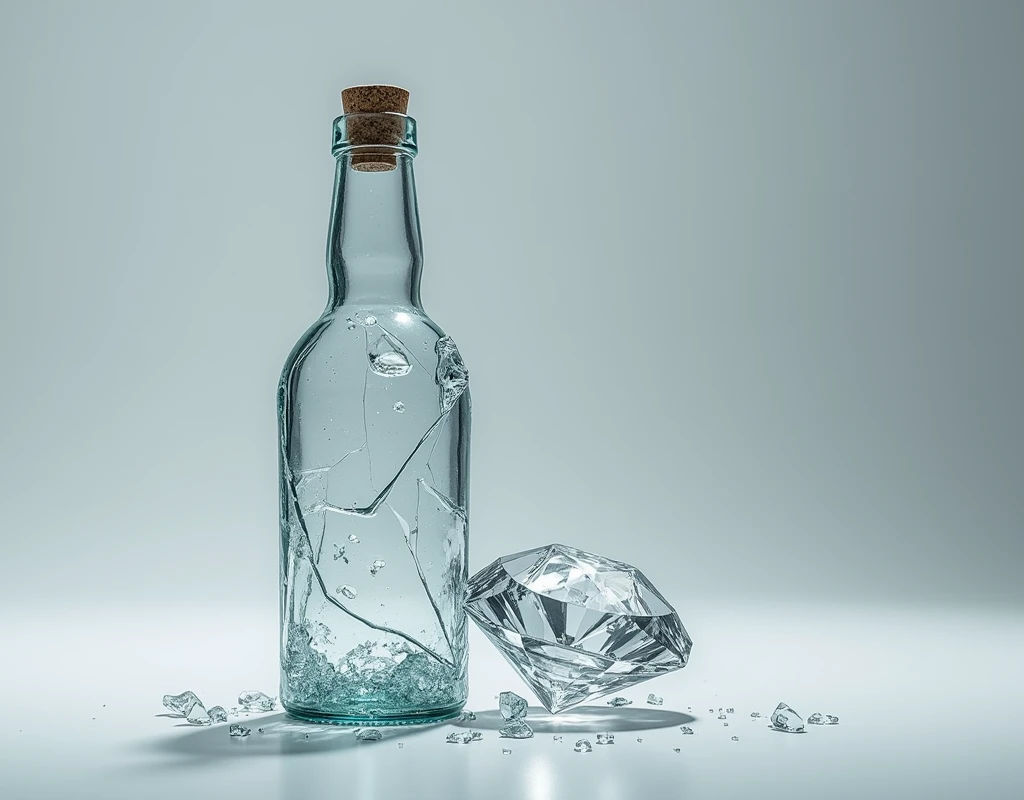 A broken bottle and a diamond stand side by side.
    