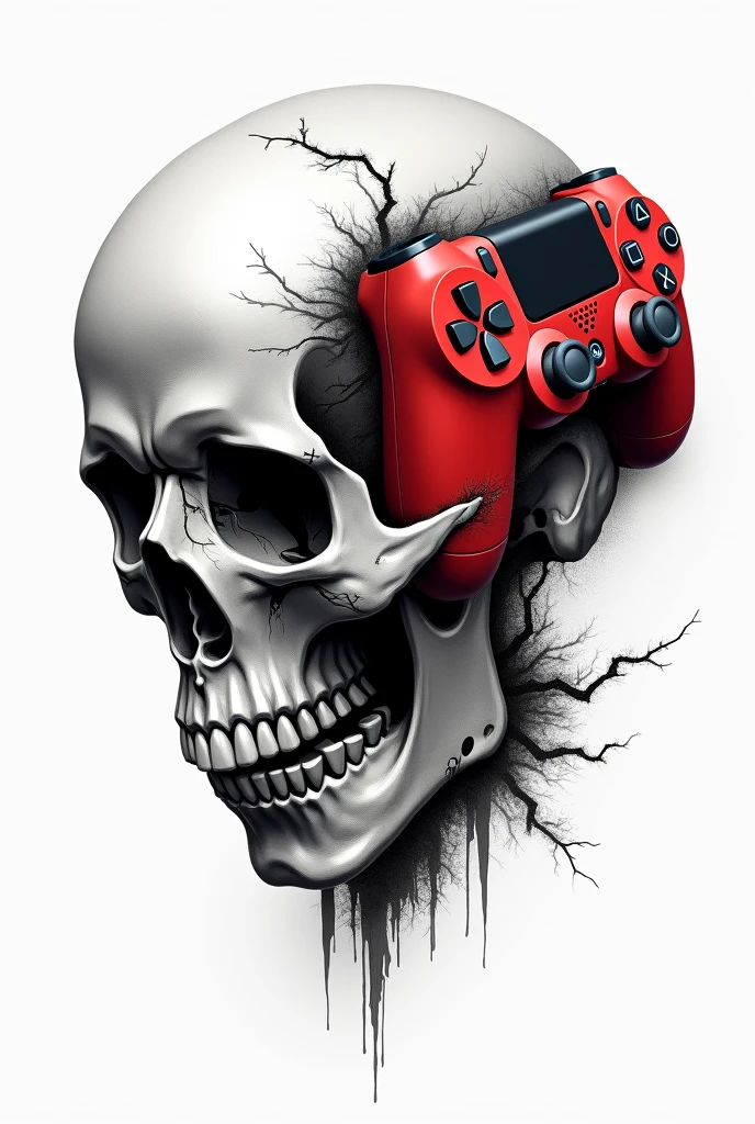 Drawing of a black and white skull with a white background featuring a red PlayStation controller breaking through the skull in the brain region.