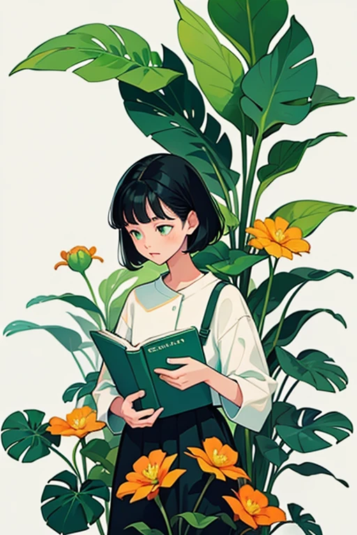 yxycolor,girl reading book ,coffee,Cat,black hair,Simple drawing、green,Blue,orange color,illustration,green plants,A small number of flowers,clean background