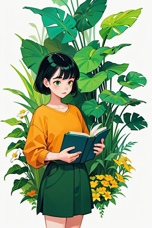 yxycolor,girl reading book ,coffee,Cat,black hair,Simple drawing、green,Blue,orange color,illustration,green plants,A small number of flowers,clean background