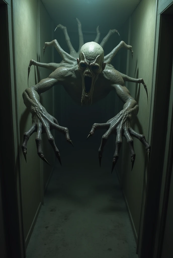 Grotesque hands coming out of an indoor hallway