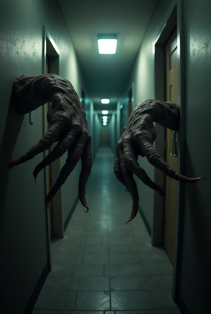 Grotesque hands coming out of an indoor hallway