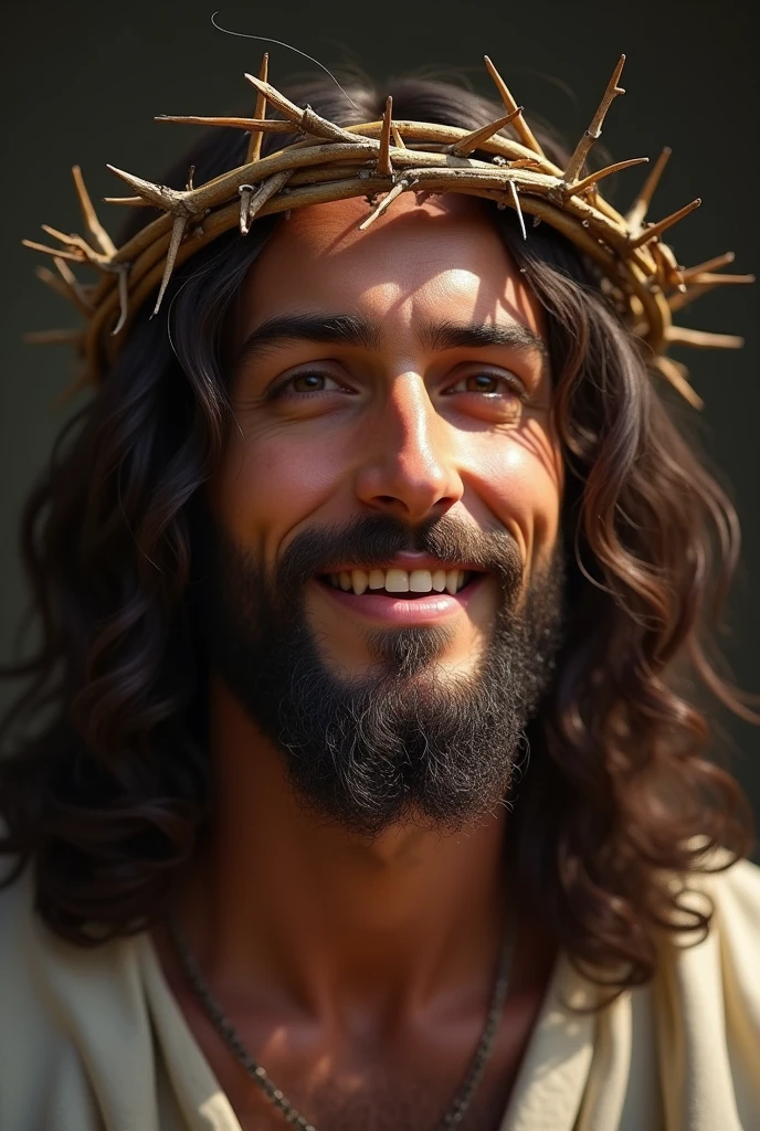 "A portrait of Jesus Christ focused only on his face, wearing the crown of thorns. He is smiling gently, with an expression of compassion and serenity. His eyes reflect peace and love, and his smile conveys a deep sense of hope and resilience, despite the crown of thorns. The soft light highlights his features and the spiritual significance of the scene."