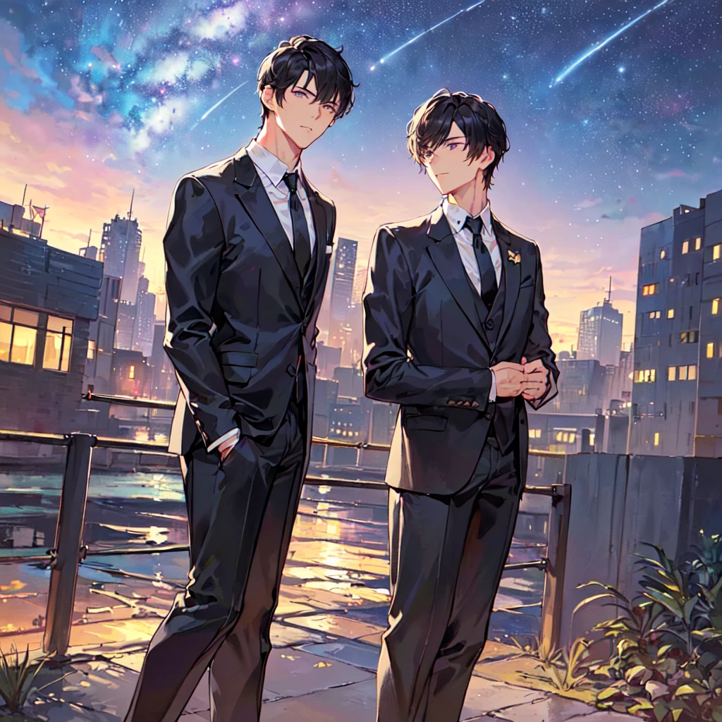 masterpiece,best quality,high quality,(1 male austere handsome solo adult age 30 years old:1.5), purple eyes, cool with suspended eyes, V-shaped eyebrows, body strong and fearless 8.5 head tall, height 185cm, (well-groomed black short hair down to neck:1.4), (bangs 7 thirds parted:1.4), slender nose, facial muscles, throat, (black suit and tie, pants: 1.3), (meeting someone: 1.3), (stylish pose), (cool expression: 1.3), (background city: 1.3), (Milky Way Night Sky: 1.3)