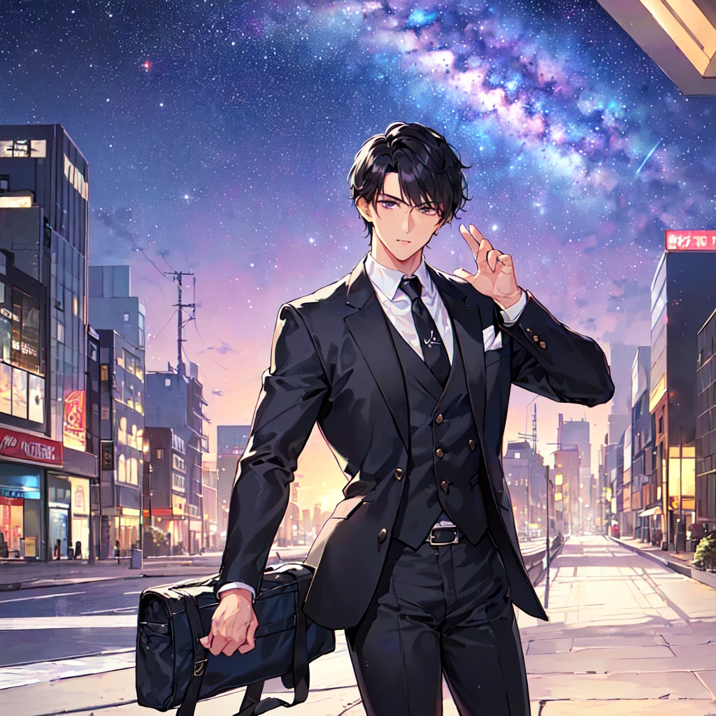 masterpiece,best quality,high quality,(1 male austere handsome solo adult age 30 years old:1.5), purple eyes, cool with suspended eyes, V-shaped eyebrows, body strong and fearless 8.5 head tall, height 185cm, (well-groomed black short hair down to neck:1.4), (bangs 7 thirds parted:1.4), slender nose, facial muscles, throat, (black suit and tie, pants: 1.3), (meeting someone: 1.3), (stylish pose), (cool expression: 1.3), (background city: 1.3), (Milky Way Night Sky: 1.3)