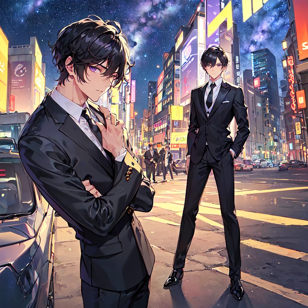 masterpiece,best quality,high quality,(1 male austere handsome solo adult age 30 years old:1.5), purple eyes, cool with suspended eyes, V-shaped eyebrows, body strong and fearless 8.5 head tall, height 185cm, (well-groomed black short hair down to neck:1.4), (bangs 7 thirds parted:1.4), slender nose, facial muscles, throat, (black suit and tie, pants: 1.3), (meeting someone: 1.3), (stylish pose), (cool expression: 1.3), (background city: 1.3), (Milky Way Night Sky: 1.3)