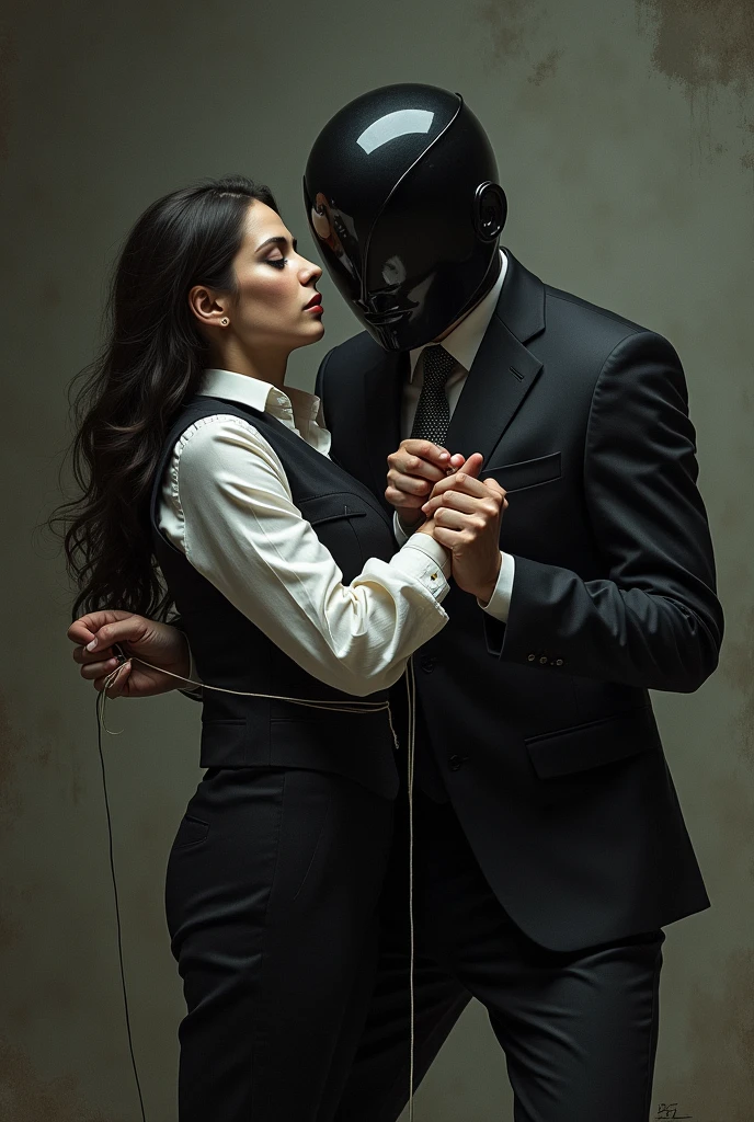A man with his face obscured, holding threads in his hands that bind a woman, but she tries to break free and has already cut some of the threads.. Let the man wear a suit and let her wear trousers and a white shirt with a black vest.