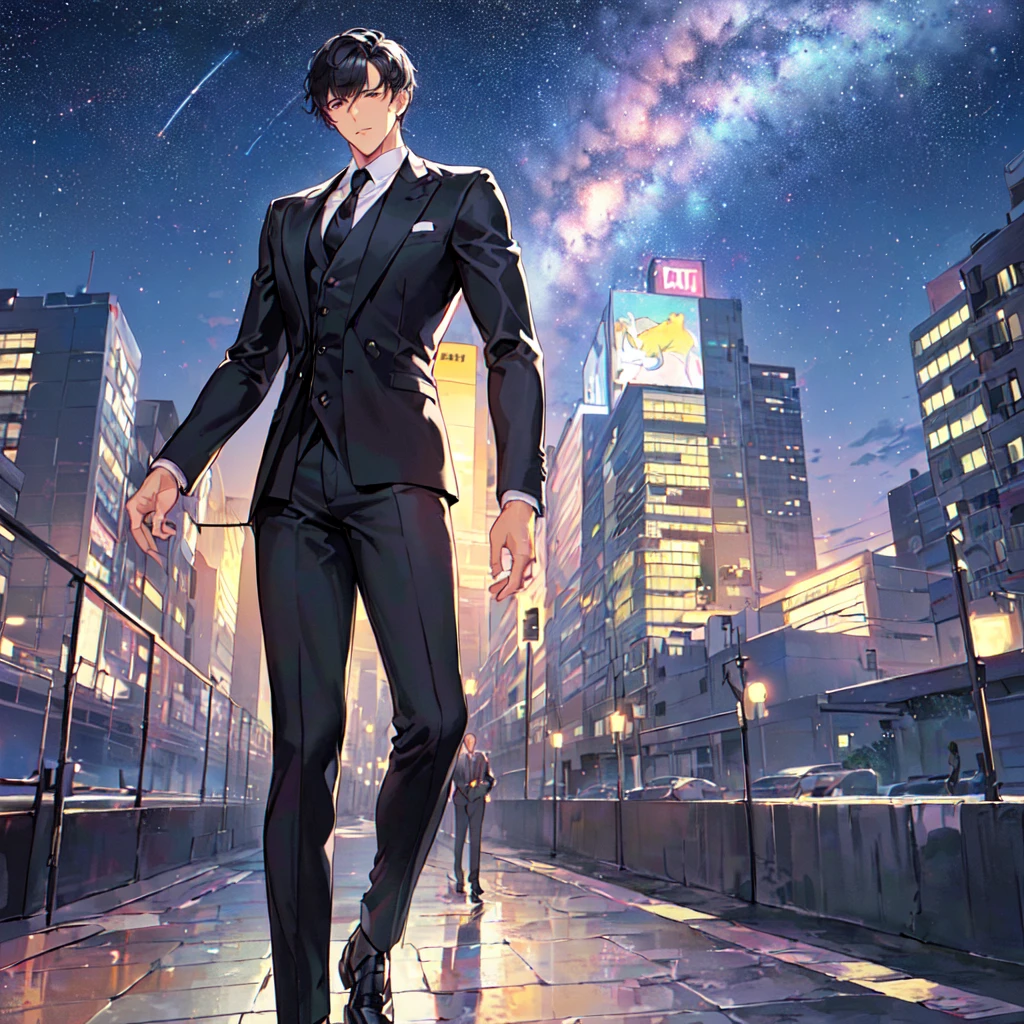 masterpiece,best quality,high quality,(1 male austere handsome solo adult age 30 years old:1.5), purple eyes, cool with suspended eyes, V-shaped eyebrows, body strong and fearless 8.5 head tall, height 185cm, (well-groomed black short hair down to neck:1.4), (bangs 7 thirds parted:1.4), slender nose, facial muscles, throat, (black suit and tie, pants: 1.3), (meeting someone: 1.3), (stylish pose), (cool expression: 1.3), (background city: 1.3), (Milky Way Night Sky: 1.3)