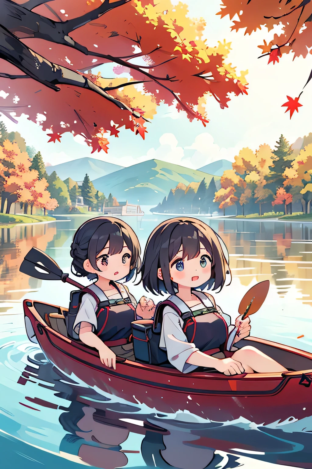 Highest quality、High resolution、Detailed Background、(Beautiful face in every detail:1.4)、Anatomically correct、(Normal number of fingers:1.2)、Highly detailed face、(Detailed eyes:1.2)、Teenage beauty、Huge breasts、Perfect body line、Braided bob cut、ponytail、Wavy Hairstyle、well-groomed eyebrows、A fun atmosphere、In a joking manner、A big smile、cute gesture、Accentuate your breasts、
A clear autumn day、It's a refreshing day with a cool breeze blowing over the lake、
Two girls are getting into the kayak with bright expressions、
They wear alternate-colored life jackets and row out onto the lake、
The girls are absorbed in steering the kayak、
sometimes、They are moving forward briskly, splashing water、
When they reach the center of the lake, they chat happily while looking at the surrounding scenery、
Autumn colored trees々Both are interested in the sky reflected in the water々It looks like this、
Taking a break、They are spending a leisurely time、
They stop the kayak, dip their hands in the water, and cheer, conveying the feeling of refreshing themselves in nature.、
The girls' joyful expressions and the calm scene of the lake overlap、A comfortable autumn moment、cute