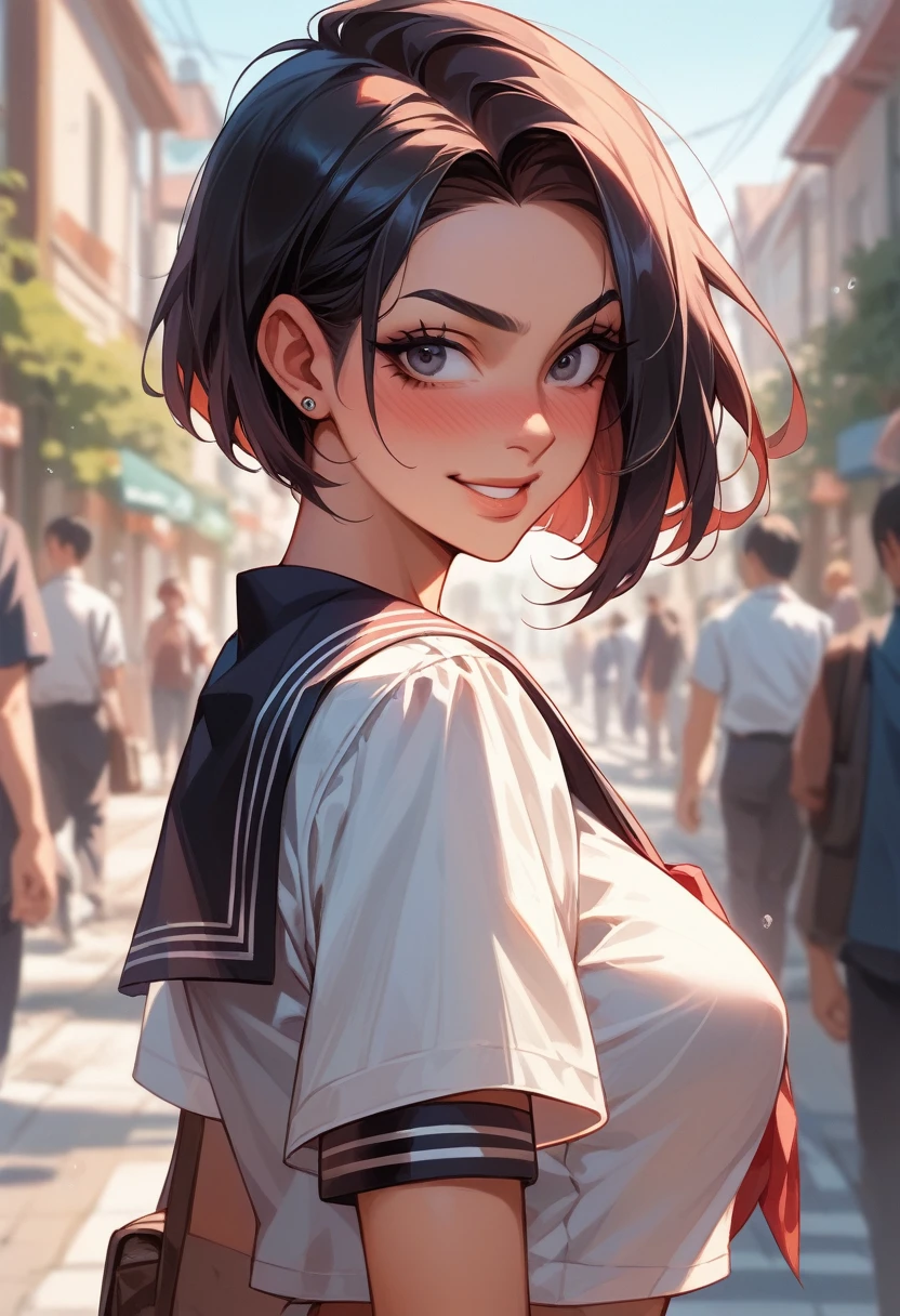 Ultra HD、Precision、Beautiful girl alone、Black Hair、Bobcut、Large 、Sailor suit、looking at the camera、Looking back、Embarrassed smile、Natural Light、Walking on the way to school、Rich colors、photograph、Good move、Bust Shot、