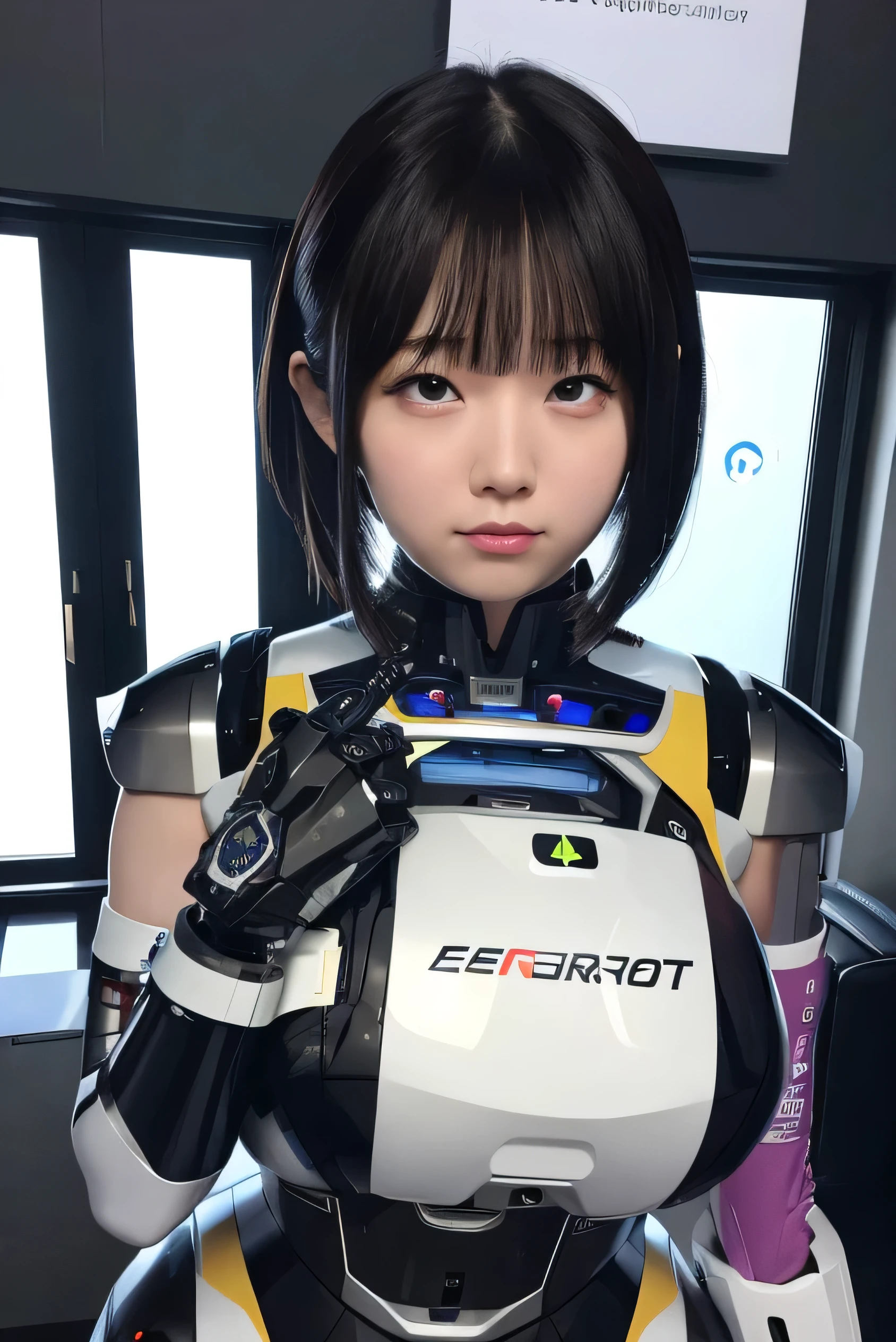 masterpiece, best quality, extremely detailed, Japaese android girl,portrait,Plump,a bit chubby,control panels,android,Droid,Mechanical Hand, Robot arms and legs, Black hair,Blunt bangs,perfect robot girl,long tube,thick cable connected her neck,android,robot,humanoid,cyborg,japanese cyborg girl ,robot-assembly plant,She is assembling now,assembly scene,rolling eyes,chest monitor