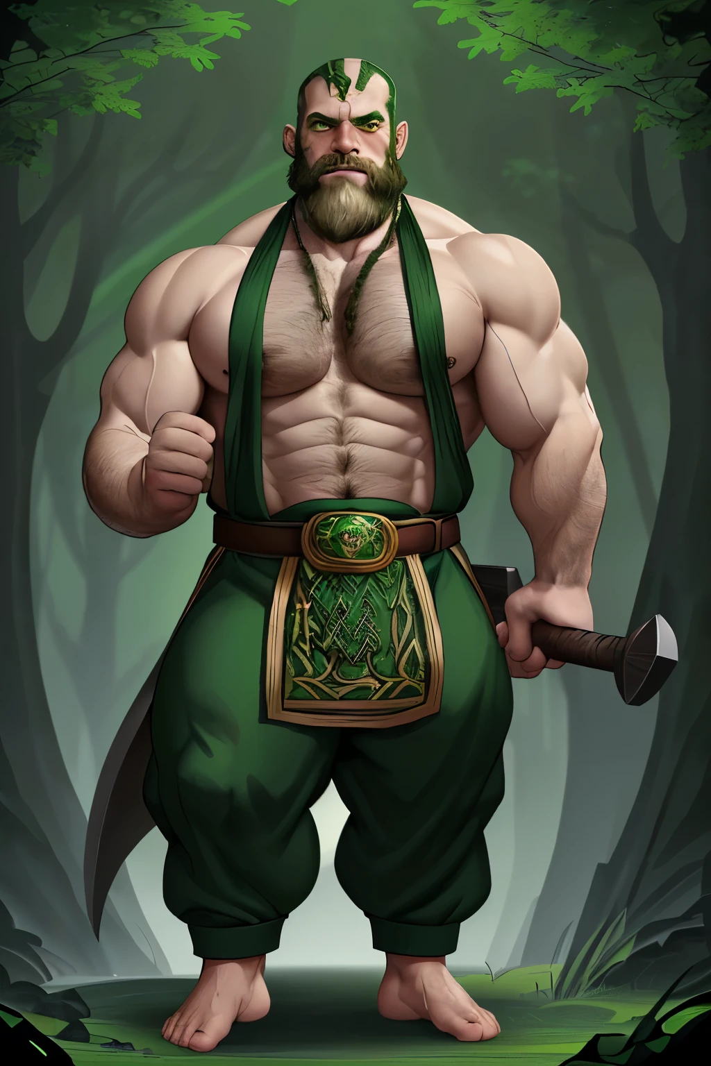 muscular dwarf man, 1.5m tall, 110kg, bald, with long green beard, thick green eyebrows, very long green mustache, emerald green eyes, wearing dark green dragon scale pants, a belt made of dragon teeth, an emerald green dragon eye medallion, a viking helmet, shirtless, barefoot, holding a war axe in each hand, standing in a forest, looking at the viewer