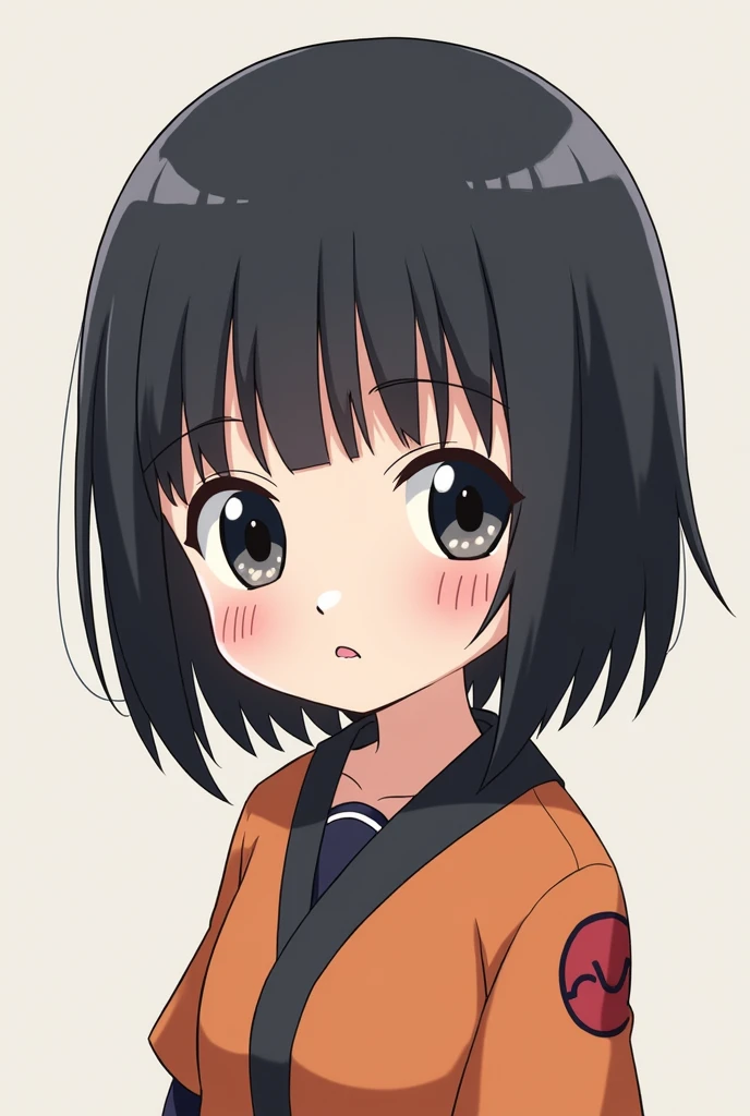 Create a Naruto-style cartoon drawing of a girl with straight hair, black and short to the shoulders, black eyes and small nose and mouth