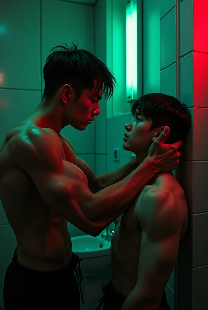 In the image, we see a strong, masculine hand gripping the neck of a muscular Asian boy from behind and pressing him against a bathroom wall illuminated by neon green and red lights and dark. We just see hand and neck. Not person! 