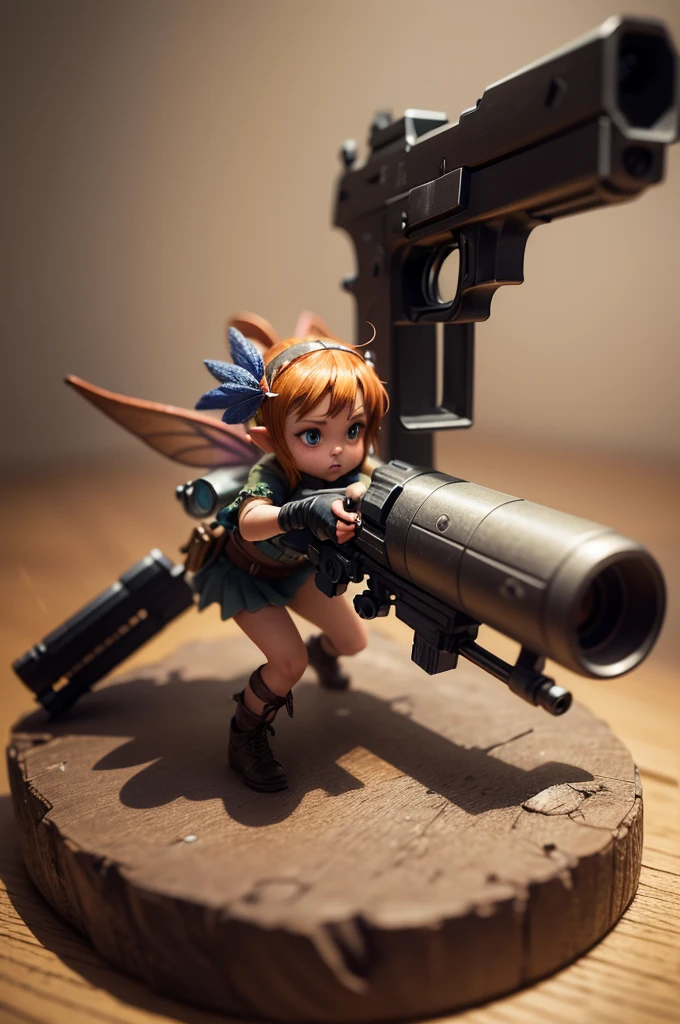 Minature, little fairy without wings , trying to push normal size gun trigger, gun is on the table, high resolution, depth of field, high detailed, masterpiece, 32k, isometric perspective, macro