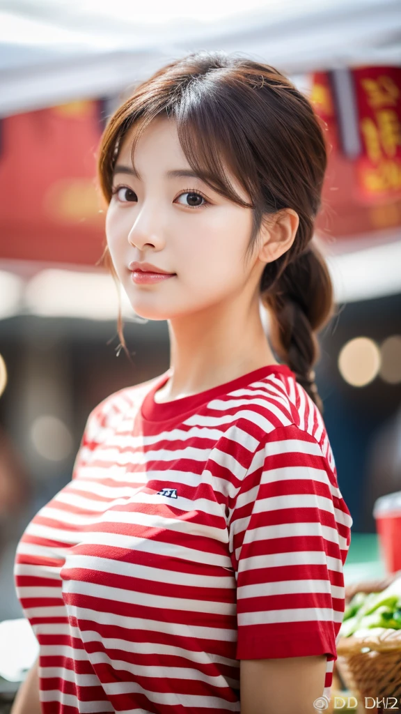 close-up of beautiful beautiful korean female, 34 inch breasts size, braided ponytail, wearing red striped t-shirt, in the morning market, bokeh background,UHD