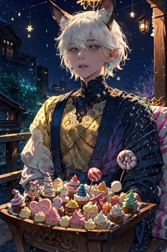 1boy in, ((comic strip))、(Multiple english texts)、short hair, handsome, Pastel muted colors, (The color palette is yellow:1.2, Blue:1.2, Pink:1.2), (White hair and purple color), Short Fashion male outfit, Sitting on a throne made of sweets and pastries, For example, donut, sprinkle, candy, lollipop, candy cane, a cake, cupcake, Cake Pop, Ruffles and lace, polka dot, Long bat ears, detail eyes