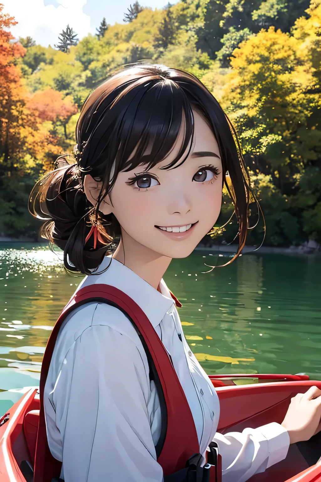 Highest quality、High resolution、Detailed Background、(Beautiful face in every detail:1.4)、Anatomically correct、(Normal number of fingers:1.2)、Highly detailed face、(Detailed eyes:1.2)、Teenage beauty、Huge breasts、Perfect body line、Braided bob cut、ponytail、Wavy Hairstyle、well-groomed eyebrows、A fun atmosphere、In a joking manner、A big smile、cute gesture、Accentuate your breasts、
A clear autumn day、It's a refreshing day with a cool breeze blowing over the lake、
Two girls are getting into the kayak with bright expressions、
They wear alternate-colored life jackets and row out onto the lake、
The girls are absorbed in steering the kayak、
sometimes、They are moving forward briskly, splashing water、
When they reach the center of the lake, they chat happily while looking at the surrounding scenery、
Autumn colored trees々Both are interested in the sky reflected in the water々It looks like this、
Taking a break、They are spending a leisurely time、
They stop the kayak, dip their hands in the water, and cheer, conveying the feeling of refreshing themselves in nature.、
The girls' joyful expressions and the calm scene of the lake overlap、A comfortable autumn moment、cute