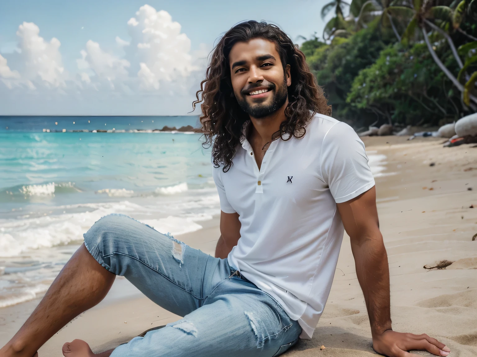 Um homem brasileiro, tall and dark-skinned, with curly hair and a well-groomed beard, Wearing a white shirt and jeans, sitting on a paradisiacal beach, observing the sea with a tranquil smile