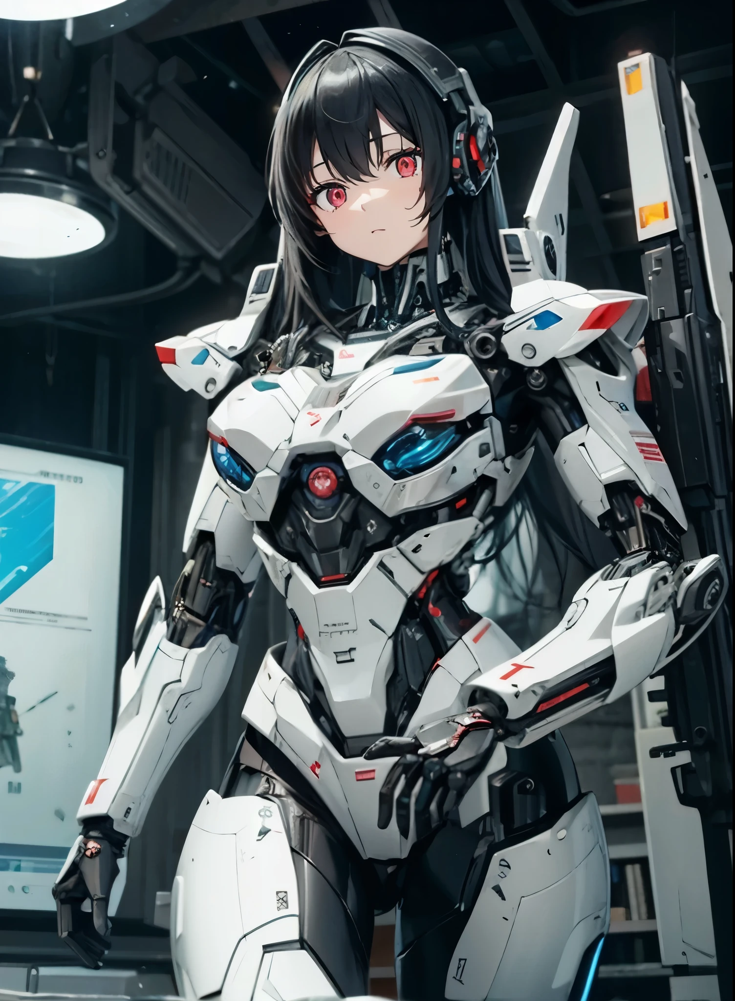 Machine eyes glowing red、Expressionless