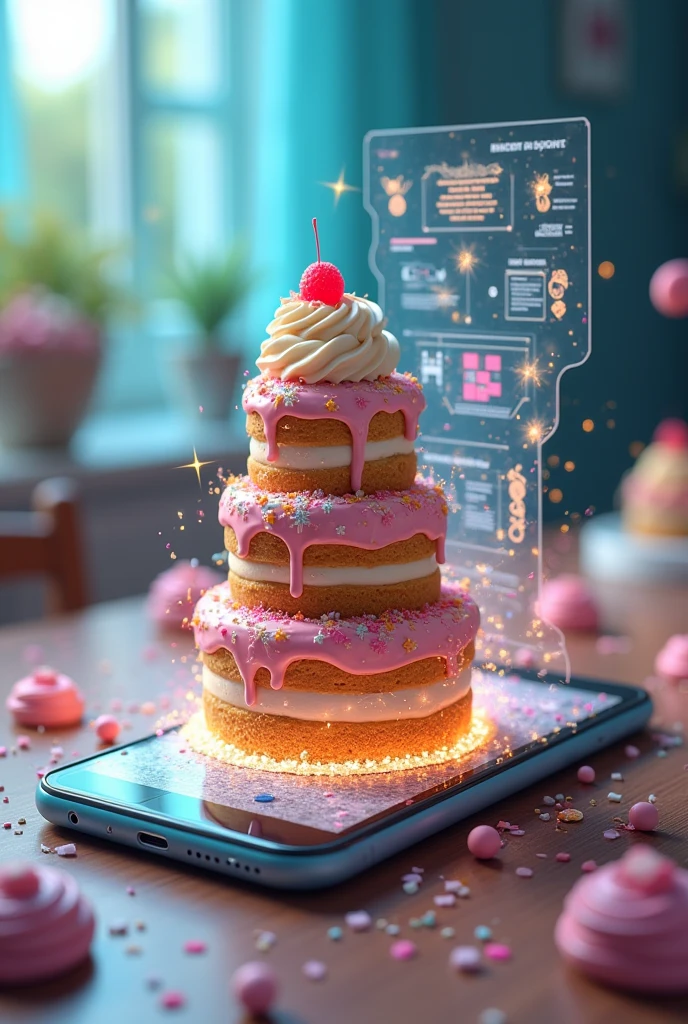 generate a cake coming out of a cell phone screen