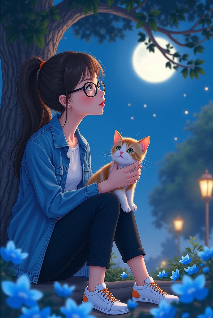 A girl with her kitten sitting beside her, long hair girl, brown, The hair is tied up in a ponytail. , without the folder, Black Prescription Glasses, with black pants, denim blue jacket, white blouse, white tennis shoes with orange detail on the side, skin fair, red lipgloss stick. They are looking at the starry sky in a very clean garden with blue flowers, with a beautiful tree in the reflection of the moon, The sky is full of stars and the moon is very bright 