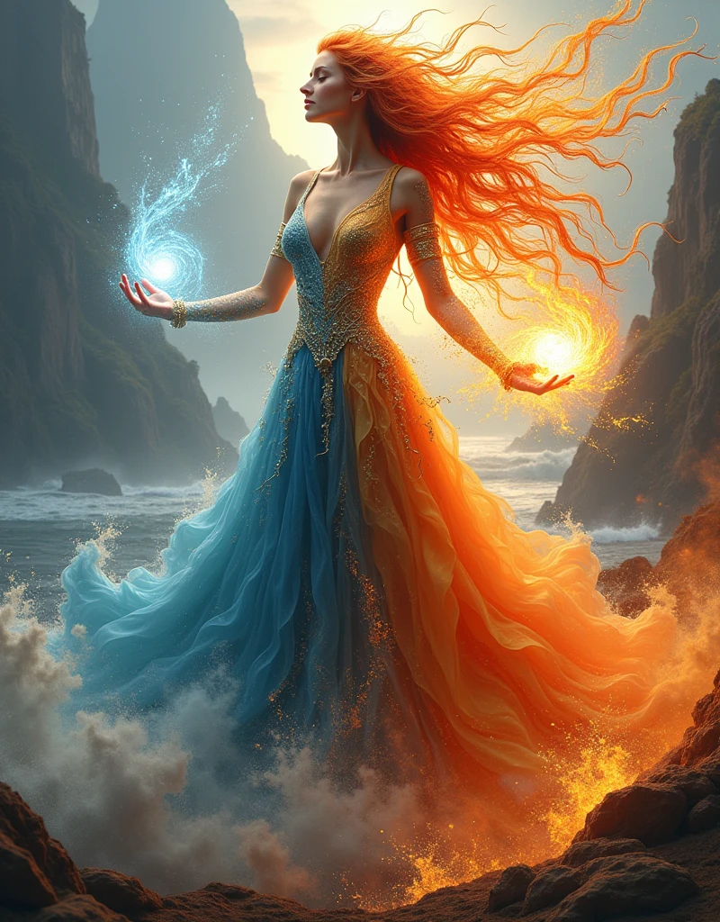 (Goddess of Fire, Water, Earth, and Air Fusion:1.4), (masterpiece:1.4, best quality), (photo realistic:1.4), a majestic and elemental figure embodying the balance and power of all four natural elements, dressed in a flowing gown that seamlessly blends fiery embers, cascading water, rich soil, and swirling winds, adorned with glowing embers, shimmering droplets, earthy vines, and delicate feathers, (hair flowing like flames mixed with waterfalls, gusts of wind, and intertwined roots:1.2), (eyes radiating a powerful and balanced light, reflecting the strength of all four elements:1.2), one hand holding a flaming orb, the other hand conjuring a swirling vortex of water, earth, and air, surrounded by a dynamic aura of elemental energy with sparks of fire, droplets of water, swirling dust, and soft breezes, (background of a landscape where mountains, oceans, forests, and skies converge, creating a scene that embodies the harmony and chaos of nature’s forces:1.2), (lighting that highlights the vibrant and contrasting colors of fire, water, earth, and air:1.2), (dynamic and balanced pose that conveys her mastery over all four elements:1.2), rich textures, vibrant and contrasting colors, (fiery reds:1.2), (deep blues:1.2), (earthy browns:1.2), (soft whites and grays:1.2), (dynamic composition with flowing lines and a sense of unity and power:1.2), high-quality and detailed, (awe-inspiring and elemental atmosphere:1.2), captivating and powerful, perfect image quality, symbolizing the fusion and balance of fire, water, earth, and air, majestic and serene presence