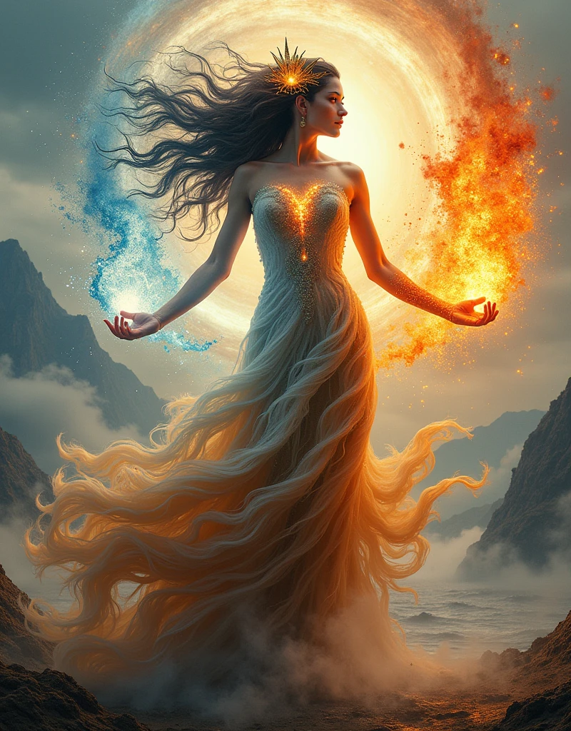 (Goddess of Fire, Water, Earth, and Air Fusion:1.4), (masterpiece:1.4, best quality), (photo realistic:1.4), a majestic and elemental figure embodying the balance and power of all four natural elements, dressed in a flowing gown that seamlessly blends fiery embers, cascading water, rich soil, and swirling winds, adorned with glowing embers, shimmering droplets, earthy vines, and delicate feathers, (hair flowing like flames mixed with waterfalls, gusts of wind, and intertwined roots:1.2), (eyes radiating a powerful and balanced light, reflecting the strength of all four elements:1.2), one hand holding a flaming orb, the other hand conjuring a swirling vortex of water, earth, and air, surrounded by a dynamic aura of elemental energy with sparks of fire, droplets of water, swirling dust, and soft breezes, (background of a landscape where mountains, oceans, forests, and skies converge, creating a scene that embodies the harmony and chaos of nature’s forces:1.2), (lighting that highlights the vibrant and contrasting colors of fire, water, earth, and air:1.2), (dynamic and balanced pose that conveys her mastery over all four elements:1.2), rich textures, vibrant and contrasting colors, (fiery reds:1.2), (deep blues:1.2), (earthy browns:1.2), (soft whites and grays:1.2), (dynamic composition with flowing lines and a sense of unity and power:1.2), high-quality and detailed, (awe-inspiring and elemental atmosphere:1.2), captivating and powerful, perfect image quality, symbolizing the fusion and balance of fire, water, earth, and air, majestic and serene presence